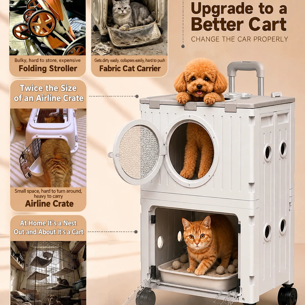 Double-layer cat carrier, portable pet trolley case, large-capacity airline crate, foldable cat carrier, can be taken on a plane