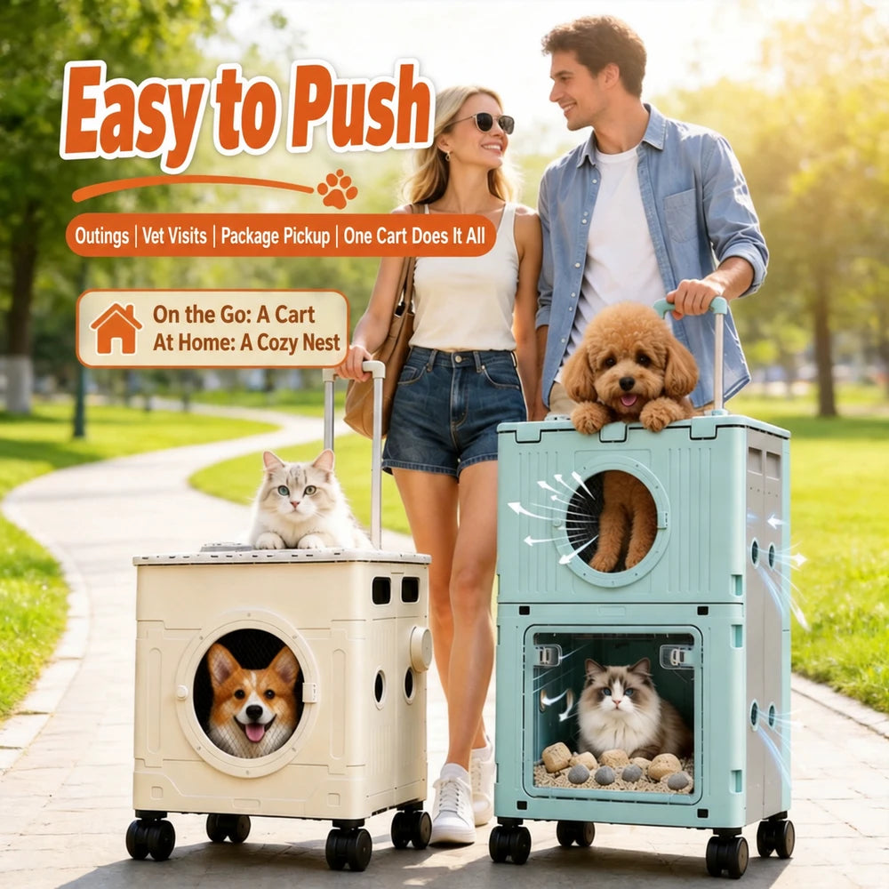 Double-layer cat carrier, portable pet trolley case, large-capacity airline crate, foldable cat carrier, can be taken on a plane