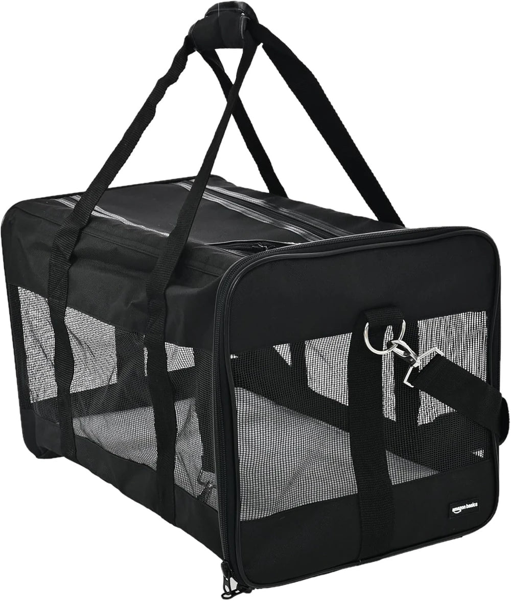 Basics Airline Approved Soft-Sided Mesh Pet Travel Carrier with Shoulder Strap, Removable Washable Fleece Pad, Top Opening, Ventilation for Dog, Cat, up to 22 pounds, 19.7Lx12Wx12H in., Black
