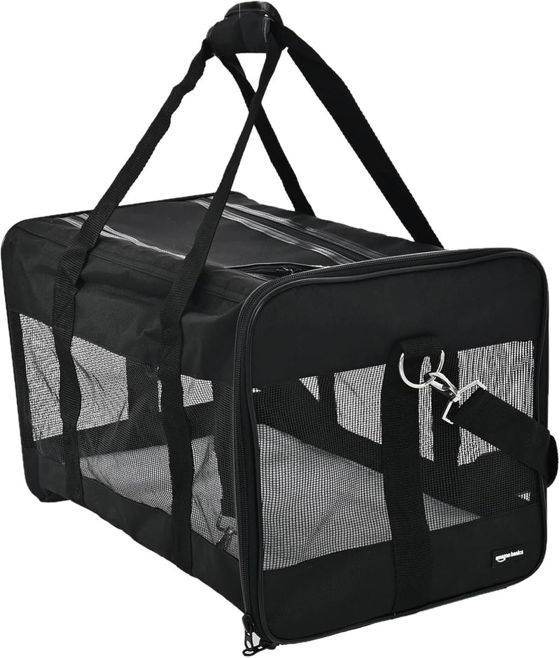Basics Flugreisetaugliche, weiche Transporttasche für Haustiere mit Mesh-Einsätzen, Schultergurt, herausnehmbarer waschbarer Fleecematte, oberer Öffnung und Belüftung für Hunde und Katzen bis 10 kg, 50L x 30,5B x 30,5H cm, Schwarz