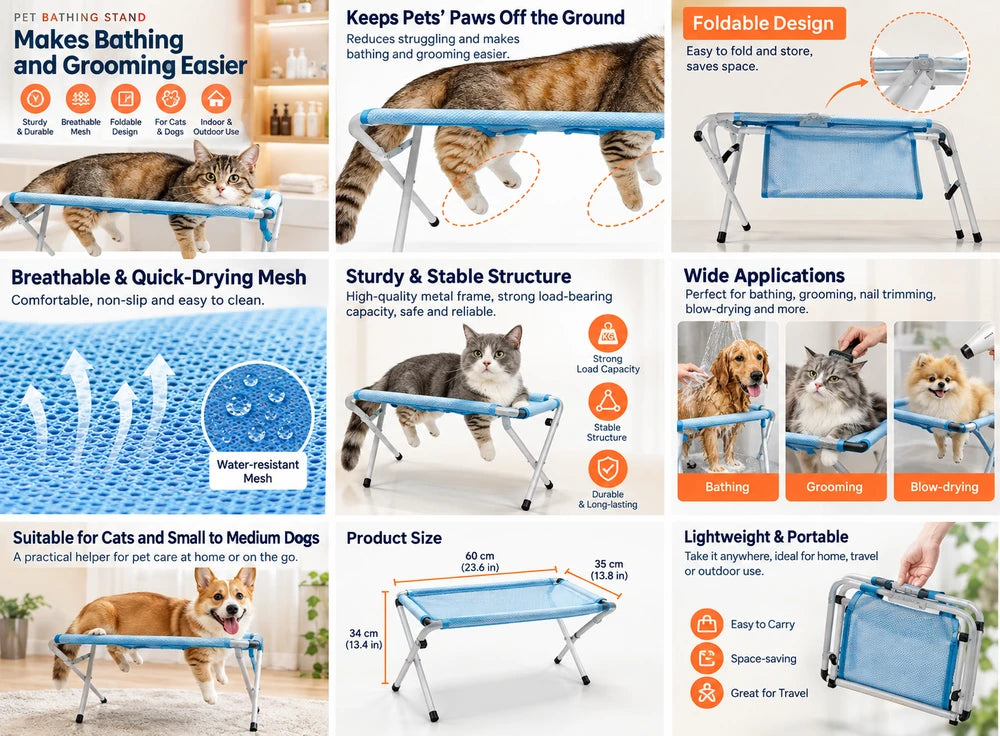 New mesh pet bathing and grooming stand, foldable, for cats and dogs, a must-have for pet cleaning and bathing