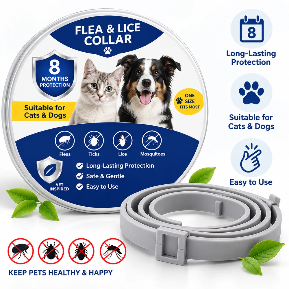 A Flea & Lice Collar for cats and dogs shown as a rolled gray collar in the foreground, with the product packaging behind it. The packaging is blue and white with photos of a cat and a dog, and text indicating 8-month protection and suitability for cats and dogs.