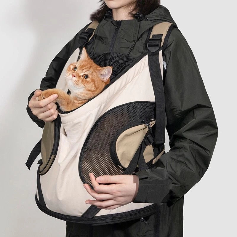 Breathable mesh front carrier for cats, designed to be worn on the chest