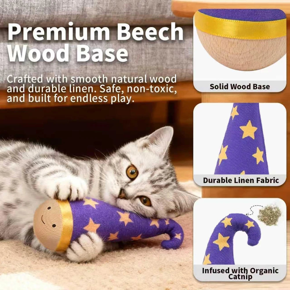 Wooden Wobble Cat Toy with Catnip | Interactive Indoor Cat Toy