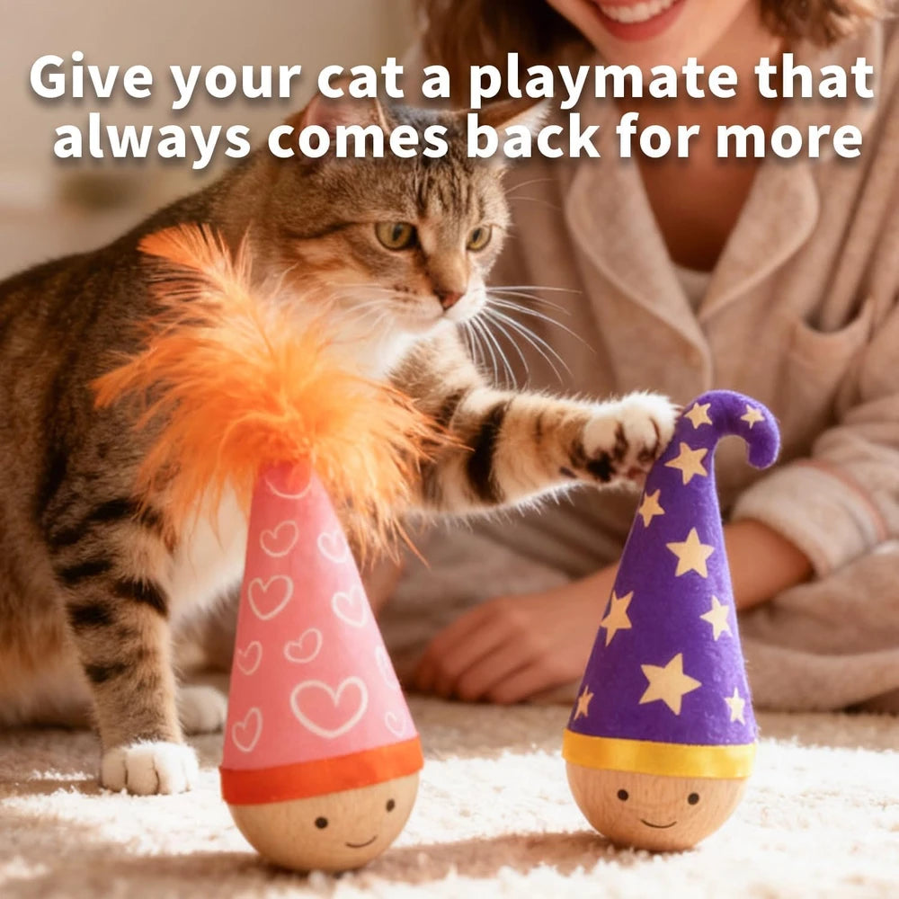 Wooden Wobble Cat Toy with Catnip | Interactive Indoor Cat Toy