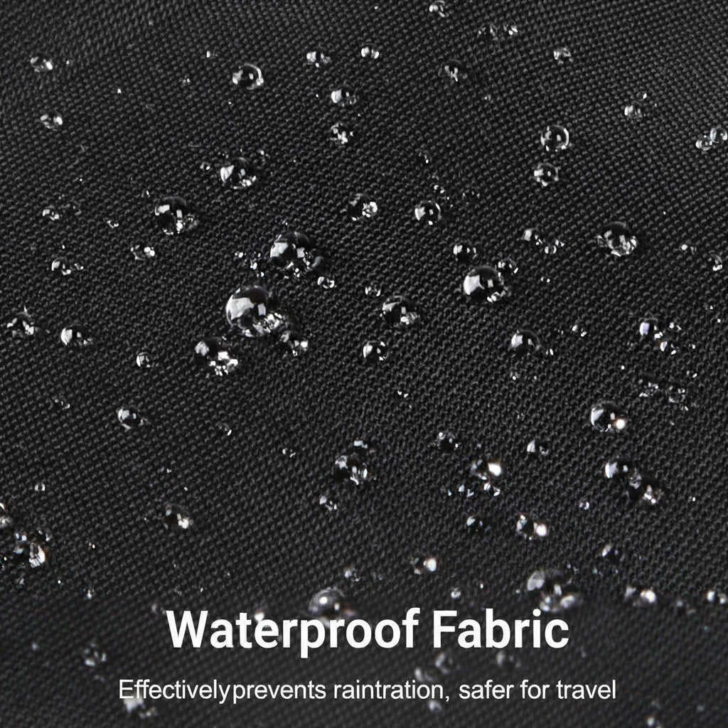 Close-up of a black textured fabric surface with water droplets beaded on top and Chinese text at the bottom reading 