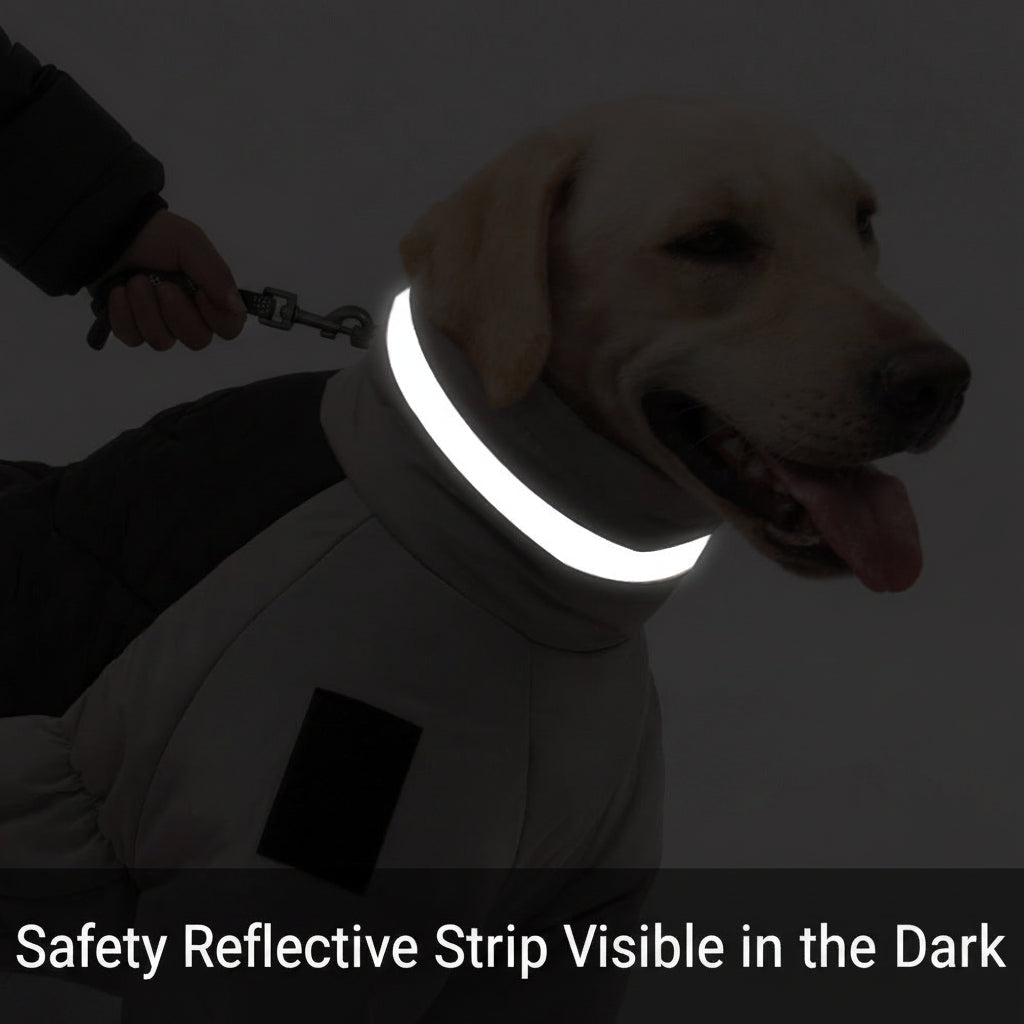 A light-colored dog wearing a high-collar reflective safety collar and a dark jacket, shown in a dark environment with Chinese text at the bottom.