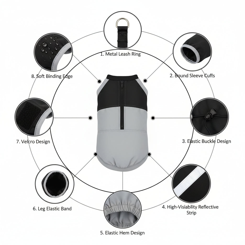 Dog coat with labeled features on a white background