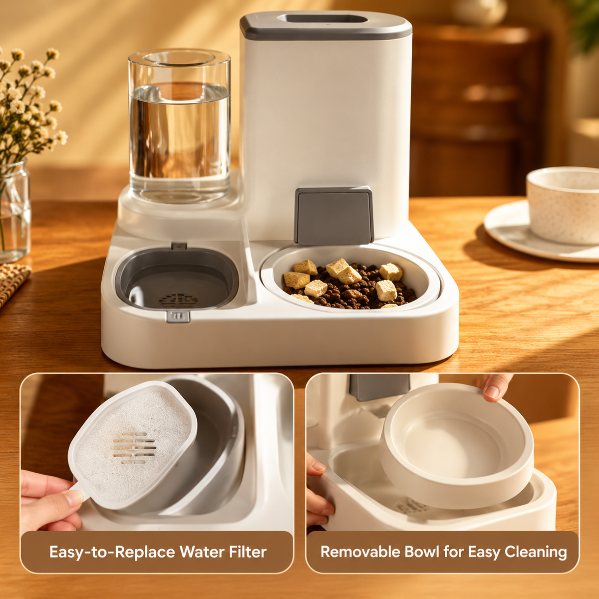 Automatic pet feeder with water filter and removable bowl features